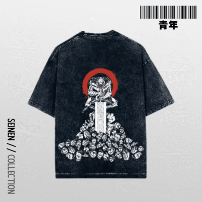 Berserk Navy Blue Oversized Acid washed t shirt back seinen