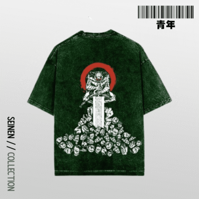 Berserk Bottle green Oversized Acid washed t shirt back seinen